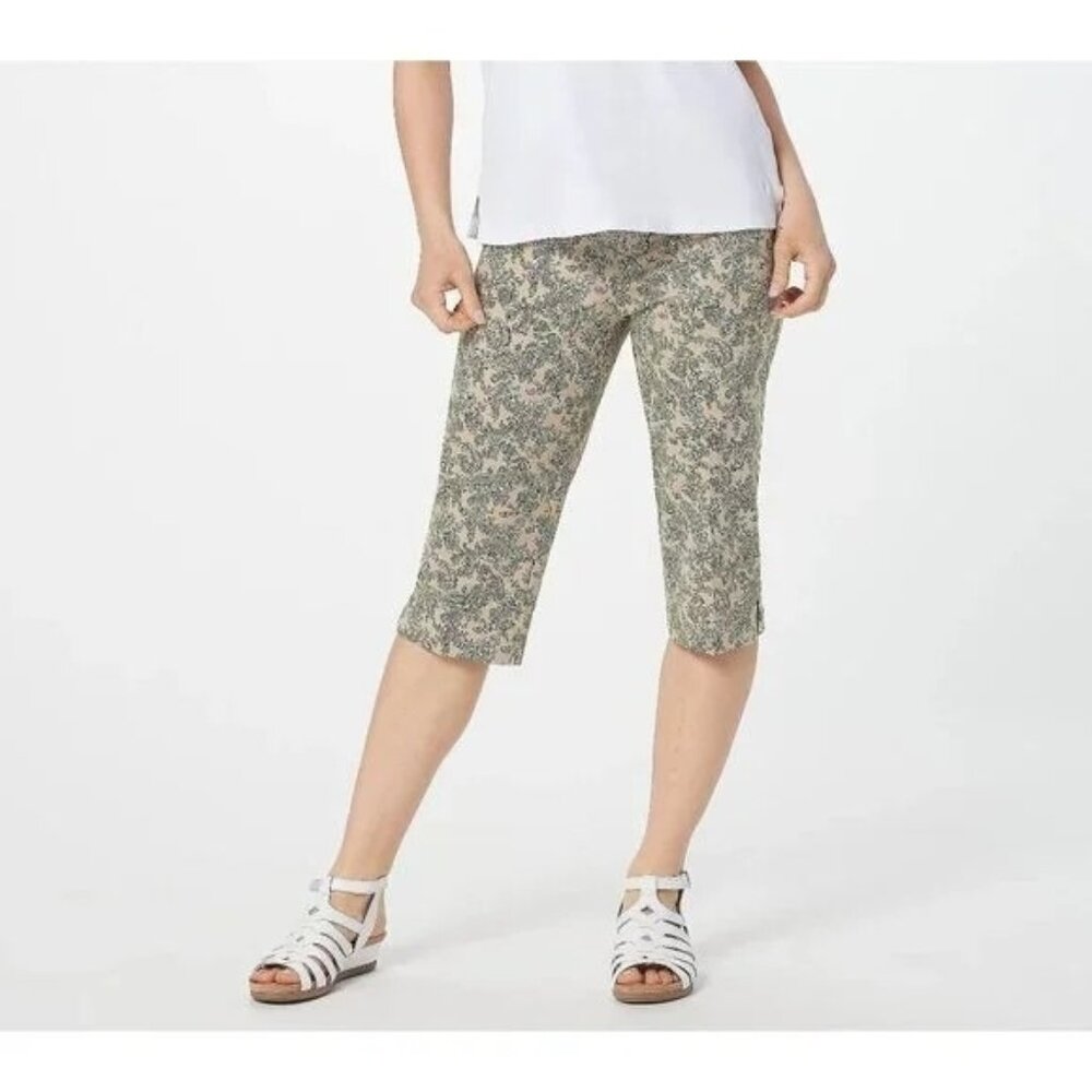 Isaac Mizrahi Live Tall 24/7 Stretch Printed Pedal Pushers 28 Tan Paisley NEW